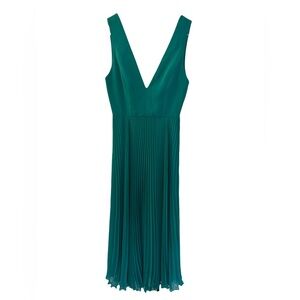 Alice + Olivia‎ Teal Pleated Sleeveless Plunge V-Neck Ankle Length Dress, Size 0